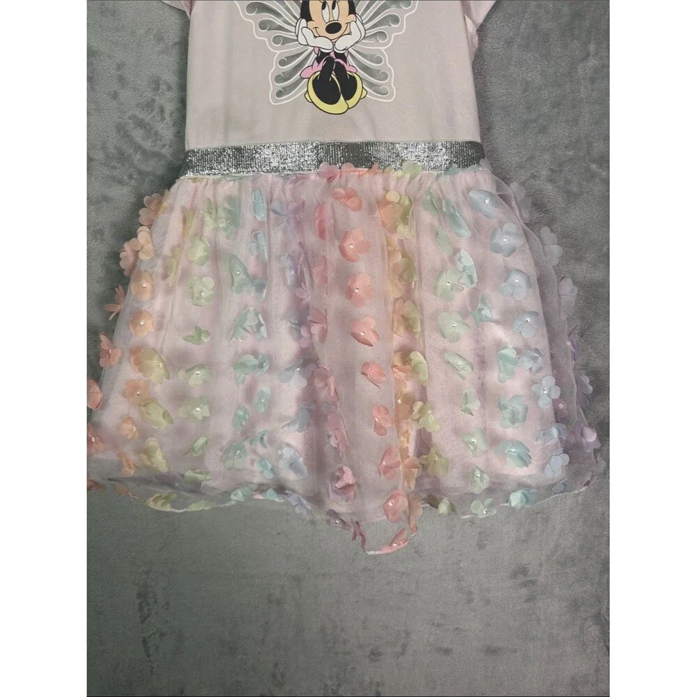 Disney Junior Minnie Mouse Pink Lavender Floral Toile Overlay Dress Size 3T